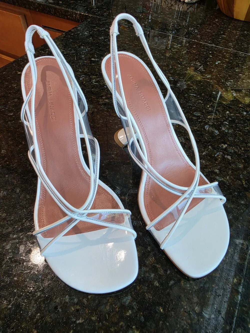 Amina Muaddi Lena Clear Leather Crisscross Slingback Sandals Sz EU39/US9